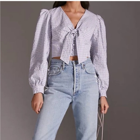 Anthropologie Maeve Gingham Puff Sleeve Crop Top with tie front‎ womens 14 - Picture 1 of 8